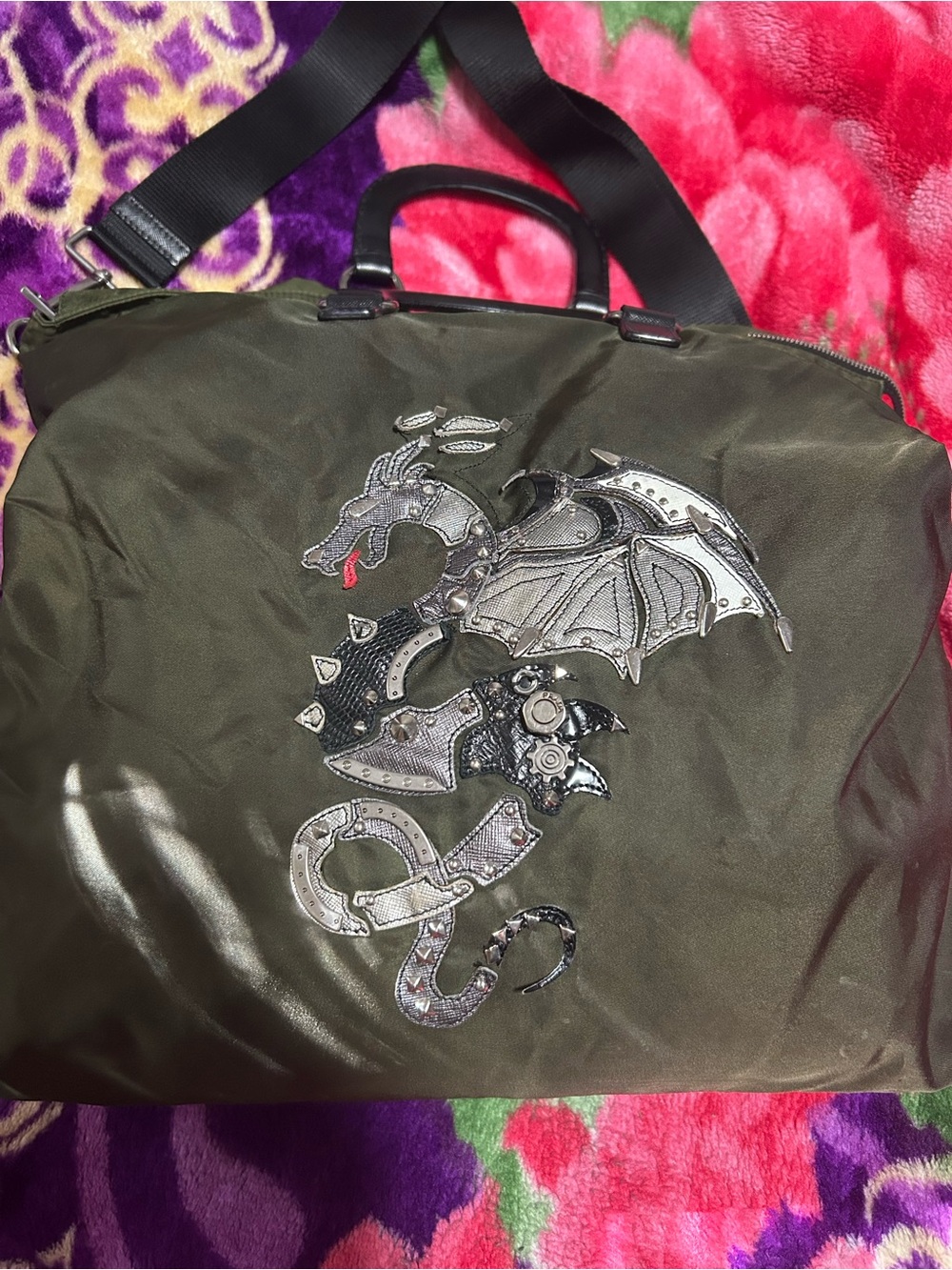 Prada Olive Green Men's Dragon Appliqué Bag